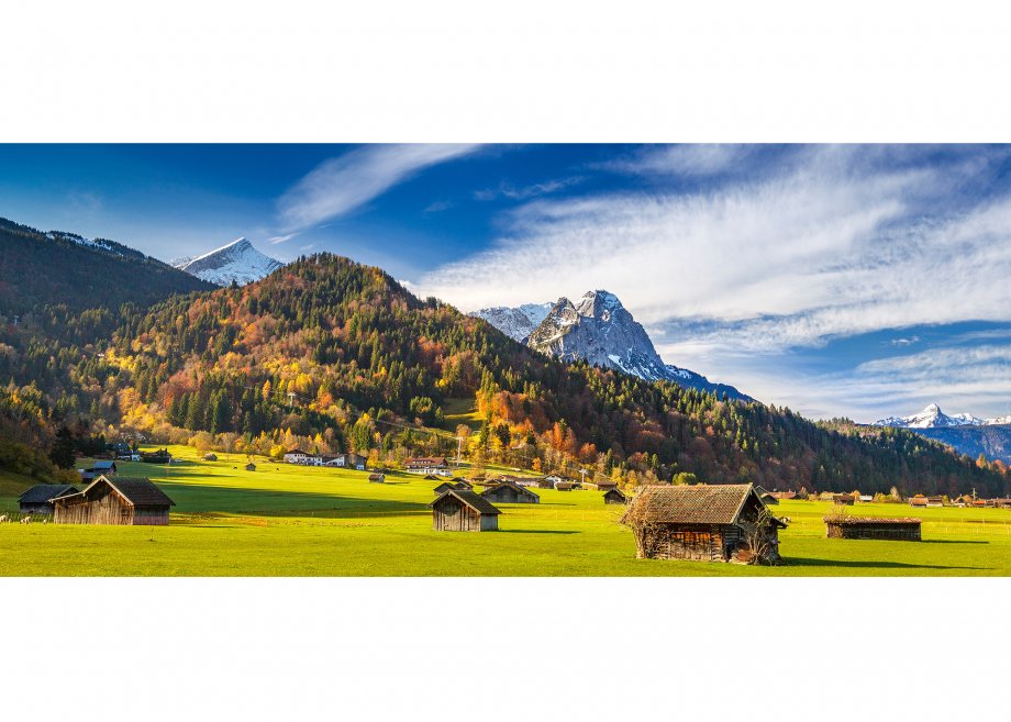 Blick zur Zugspitzgruppe (2962m), Garmisch-Partenkirchen, Oberbayern, Bayern, Deutschland Bayerische Alpen, Werdenfelser Land, Zugspitze (2962m), Alpspitze (2628m)