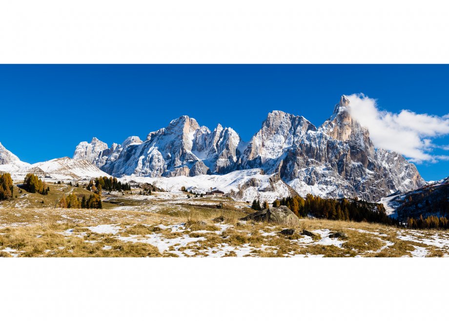 Rollepass gegen Palagruppe mit Cimon della Pala (3184m), Provinz Trient, Dolomiten, Trentino-Südtirol