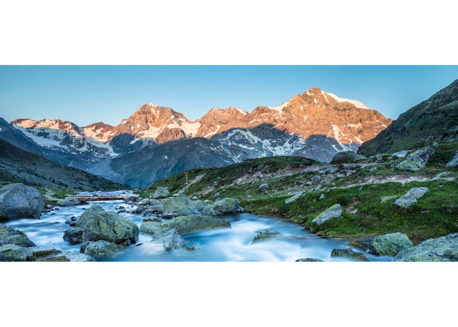 Zaytalbach vor Königsspitze (3851m), Monte Zebrù (3735m) und Ortler (3905m), Vinschgau, Provinz Bozen, Trentino-Südtirol